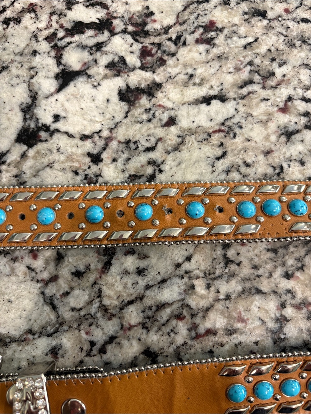 Western Bling Leather Belt Turquoise Stones & Silver Buckle w/ rhinestones - Picture 4 of 6
